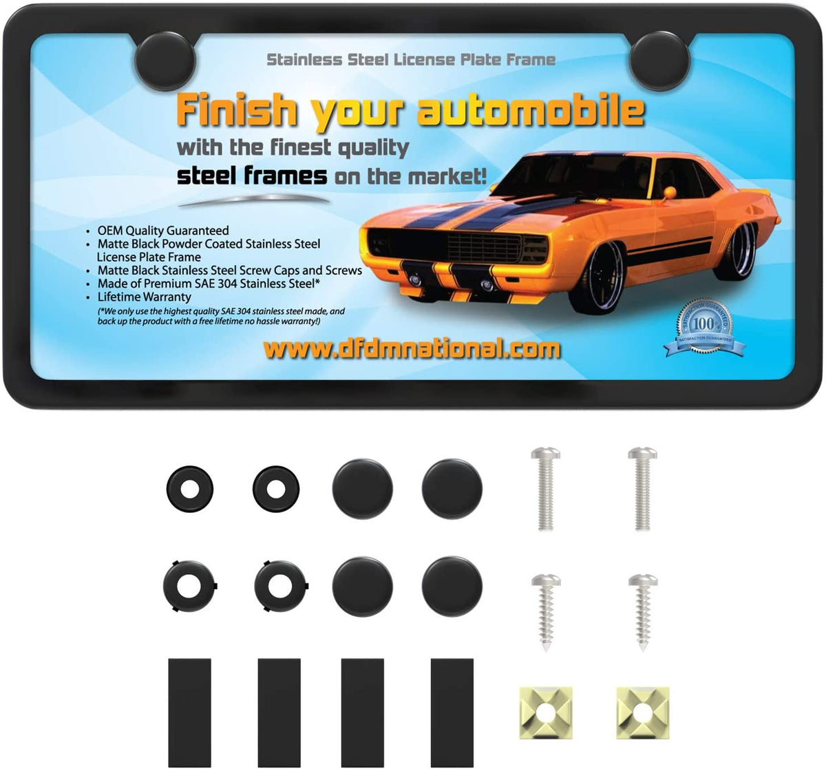 Chrome Flame Motorcycle License Plate Frame Kit – Stainless Screws & Blue Caps
